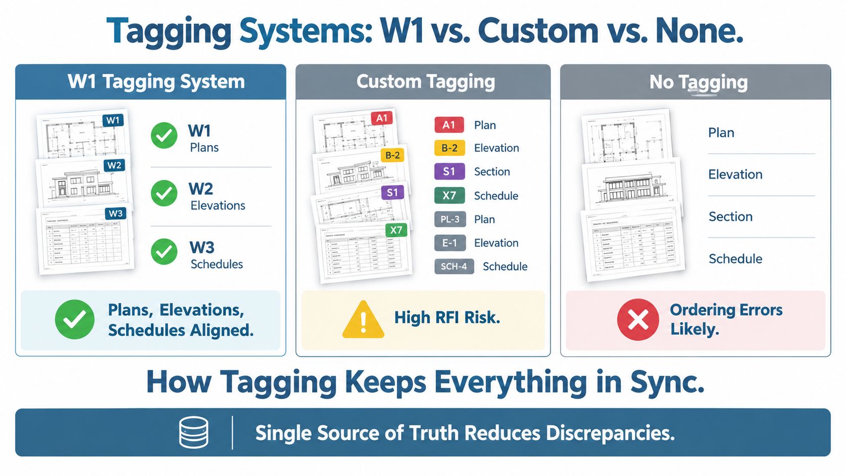 A diagram illustrating three tagging systems for architectural documents, comparing W1 tagging, custom tagging, and no tagging.
