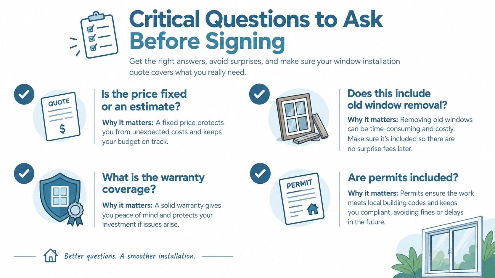 An infographic titled Critical Questions to Ask Before Signing, outlining important considerations for window installation quotes.
