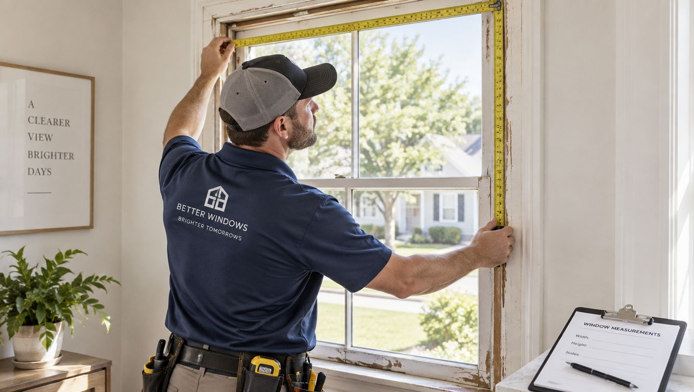 A professional technician from Better Windows measures an old window frame for a new installation quote.