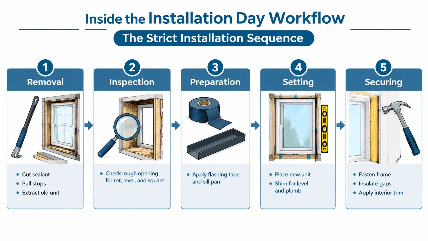 A five-step infographic illustration explaining the strict professional installation sequence for a new window replacement project.