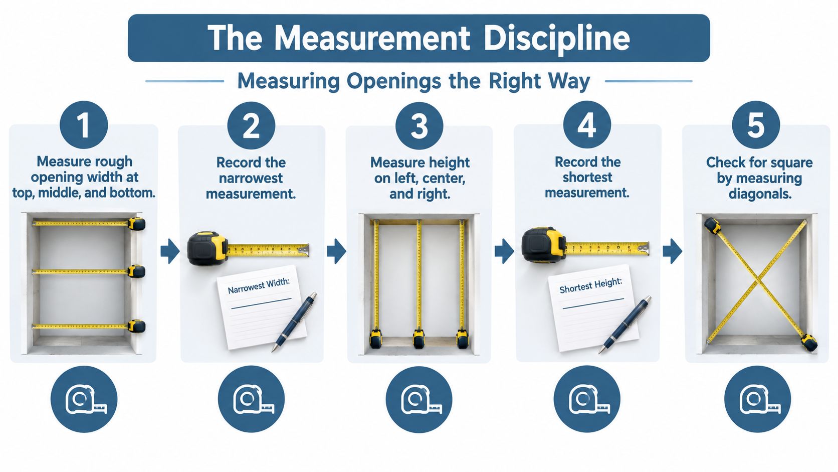 An infographic illustrating five steps for accurately measuring door or window rough openings for proper installation.