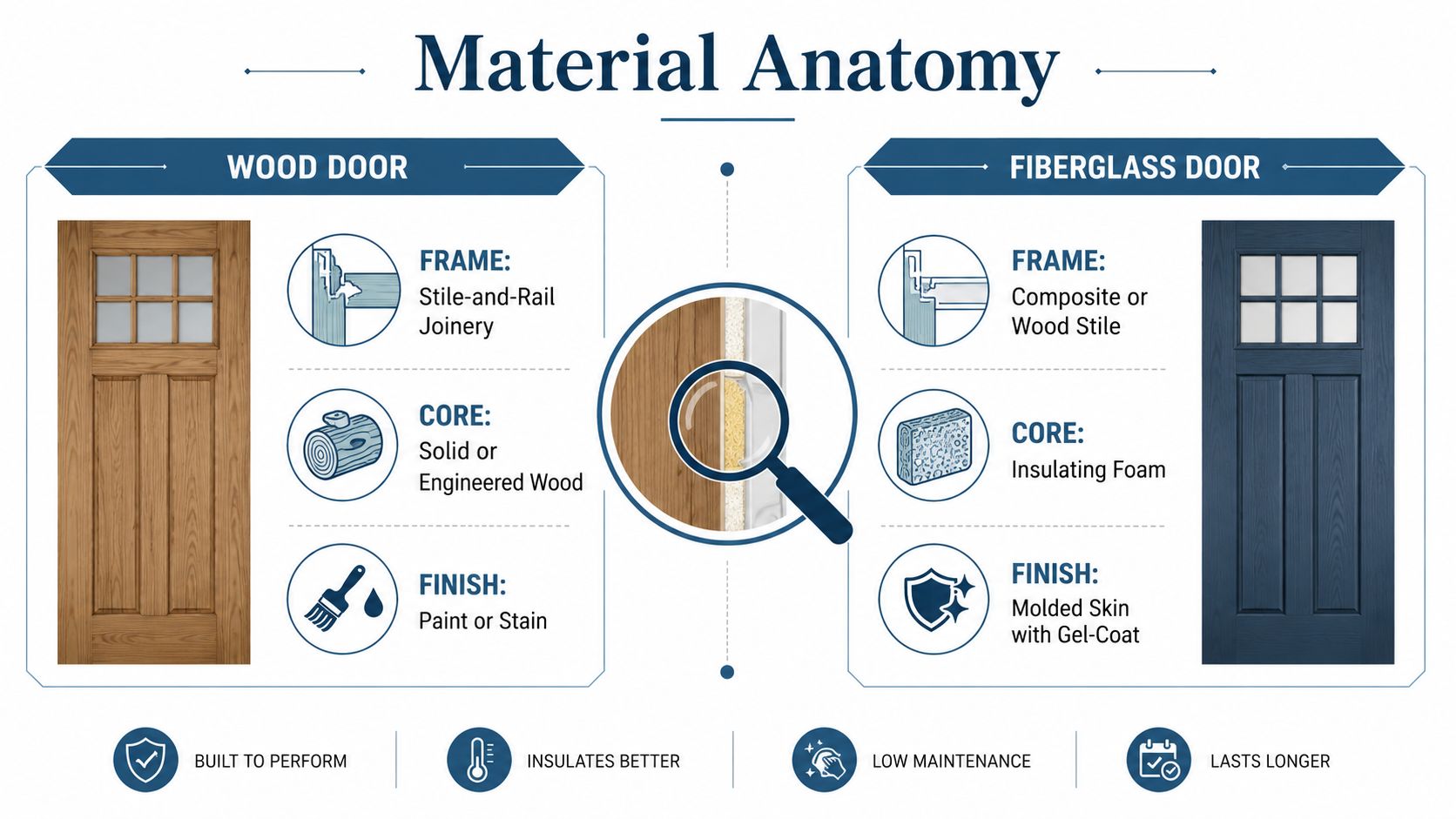 A comparative infographic showing the construction and material components of wood doors versus fiberglass doors.