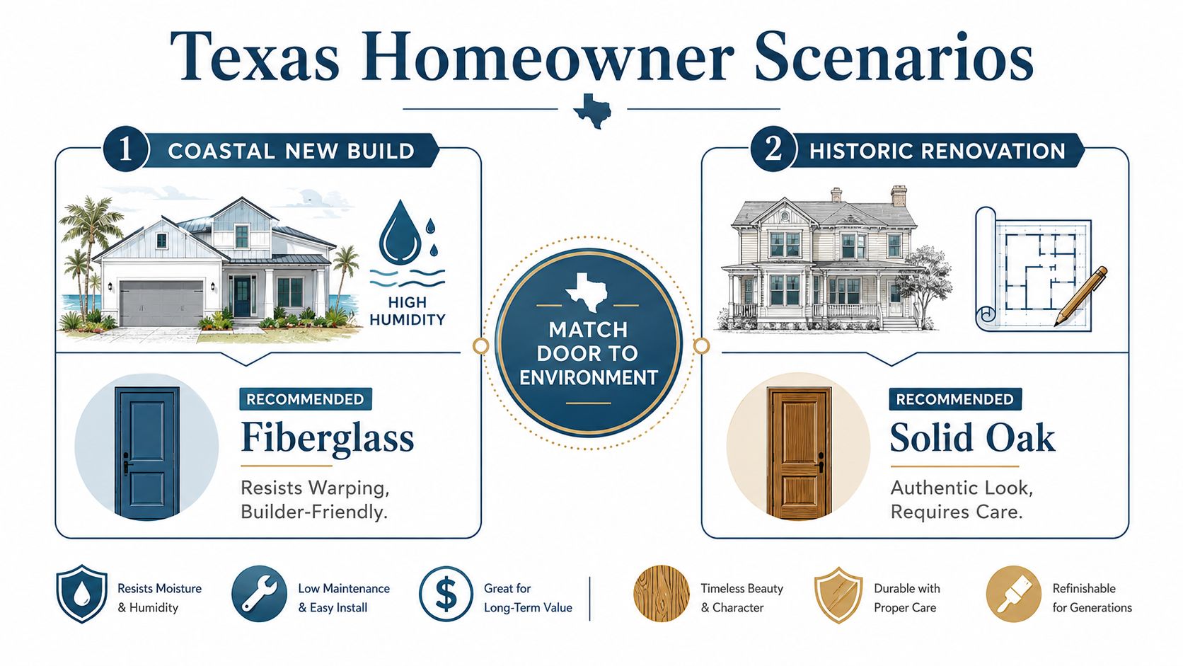 A comparison infographic showing fiberglass versus solid oak front doors for different Texas home styles and environments.