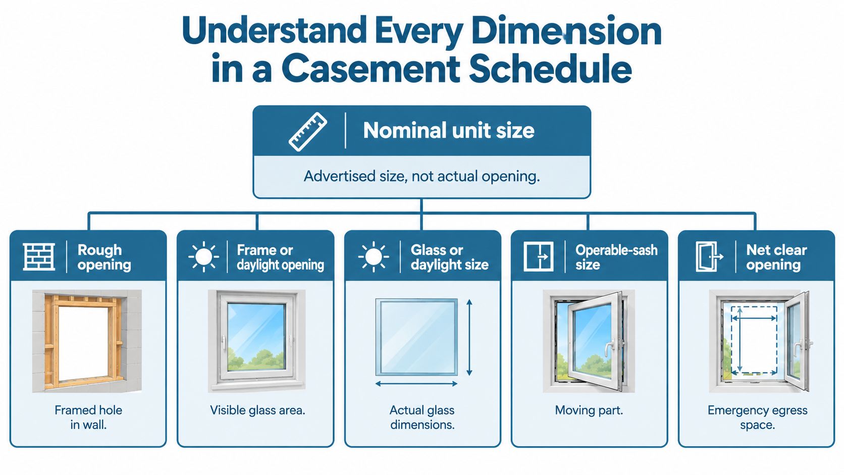 A diagram explaining various dimensions for casement window schedules, including rough opening, glass size, and egress space.