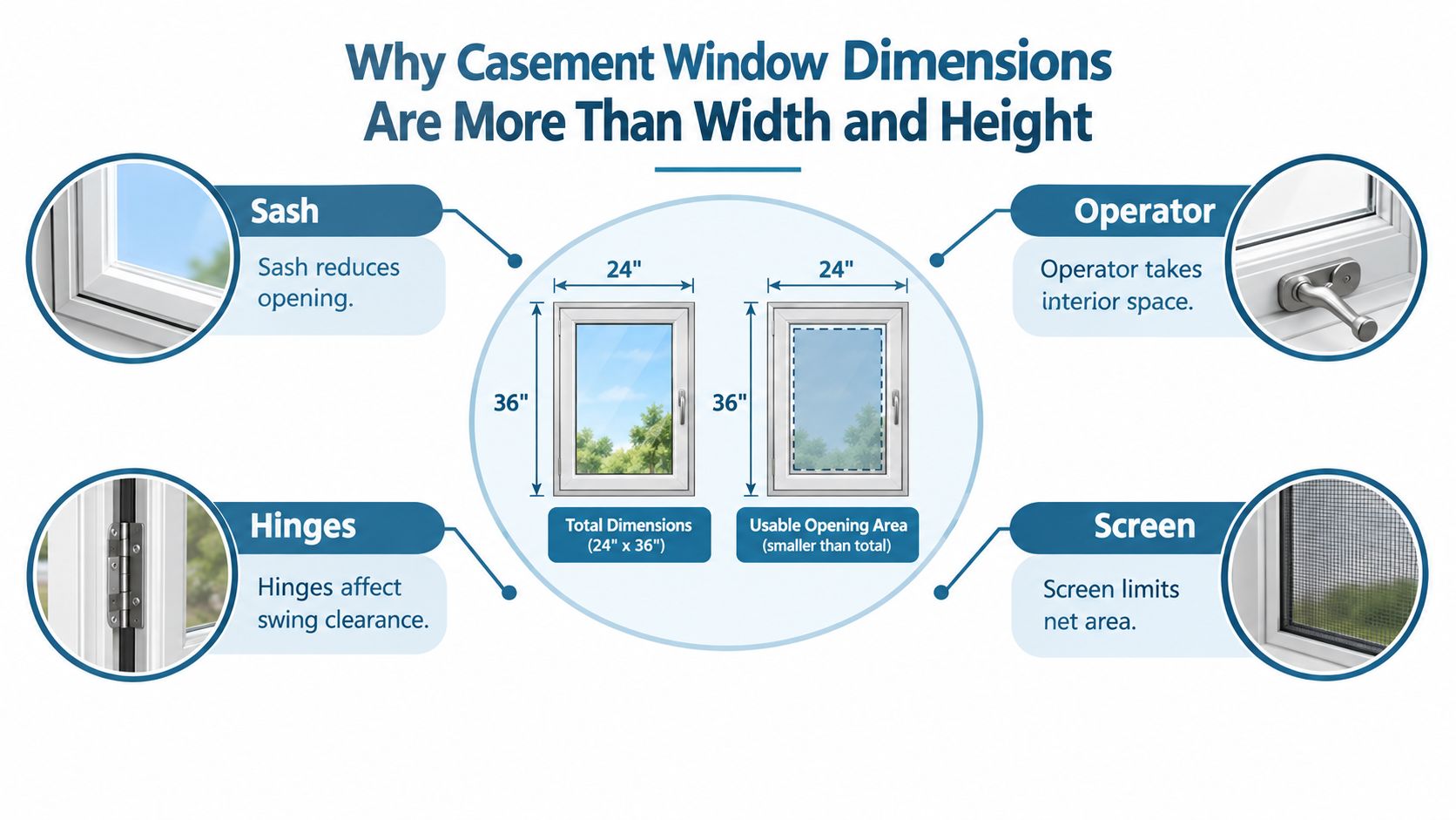 A diagram explaining factors affecting casement window dimensions, including sash size, hinges, operators, and screen net area.