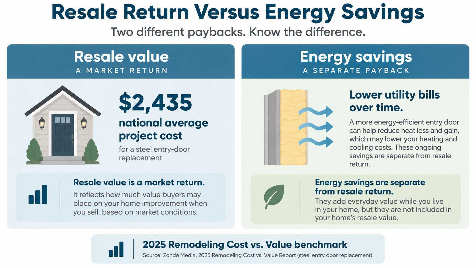 An infographic comparing the resale value and energy savings benefits of a steel entry door replacement project.