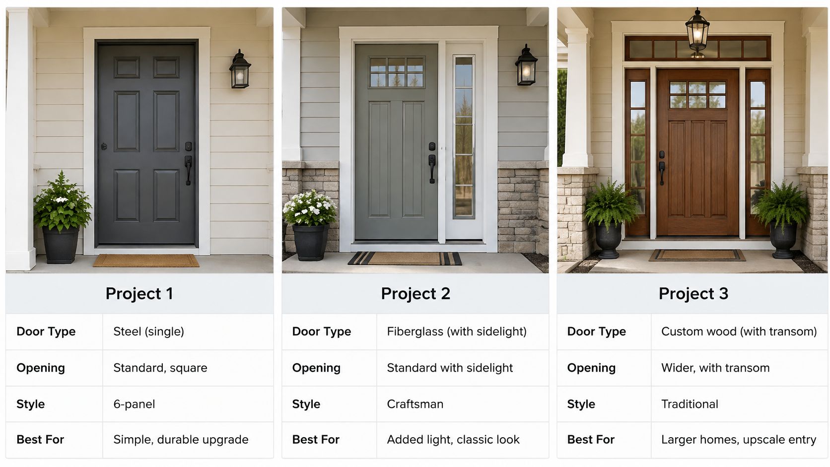 Three different front door replacement projects featuring steel, fiberglass, and custom wood options for residential homes.