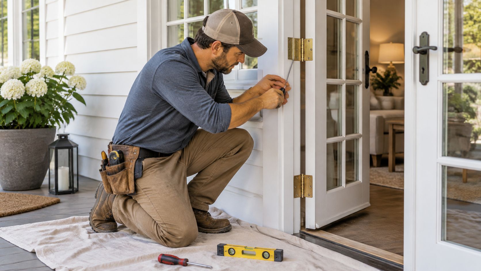A professional construction worker installs or adjusts a hinge on an exterior French door on a porch.
