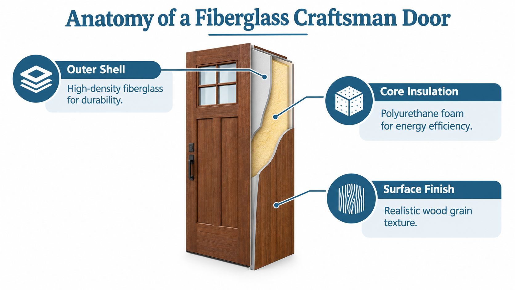 A diagram illustrating the cross-section anatomy of a wood-grain fiberglass craftsman exterior door with insulated core.