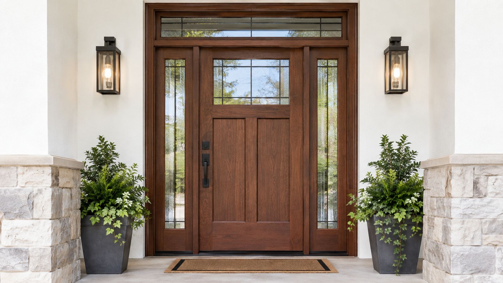 A classic wooden craftsman-style front entry door with glass panels and sidelights in a white stone home.