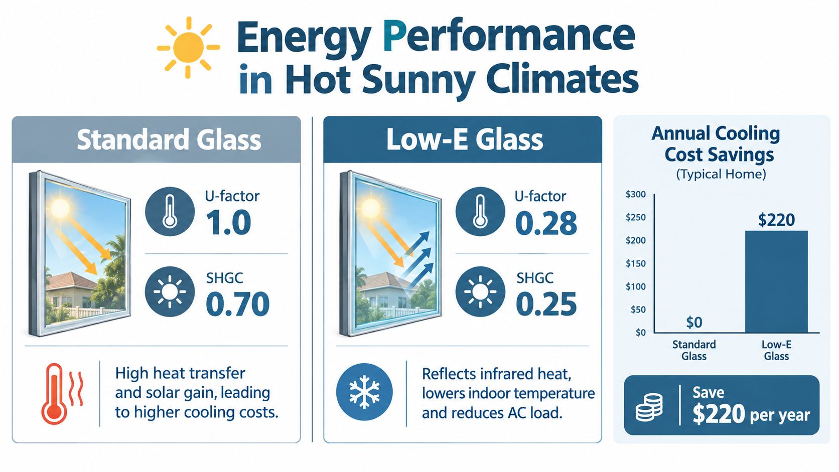 A comparative infographic showing energy performance benefits of Low-E glass versus standard glass for residential cooling efficiency.