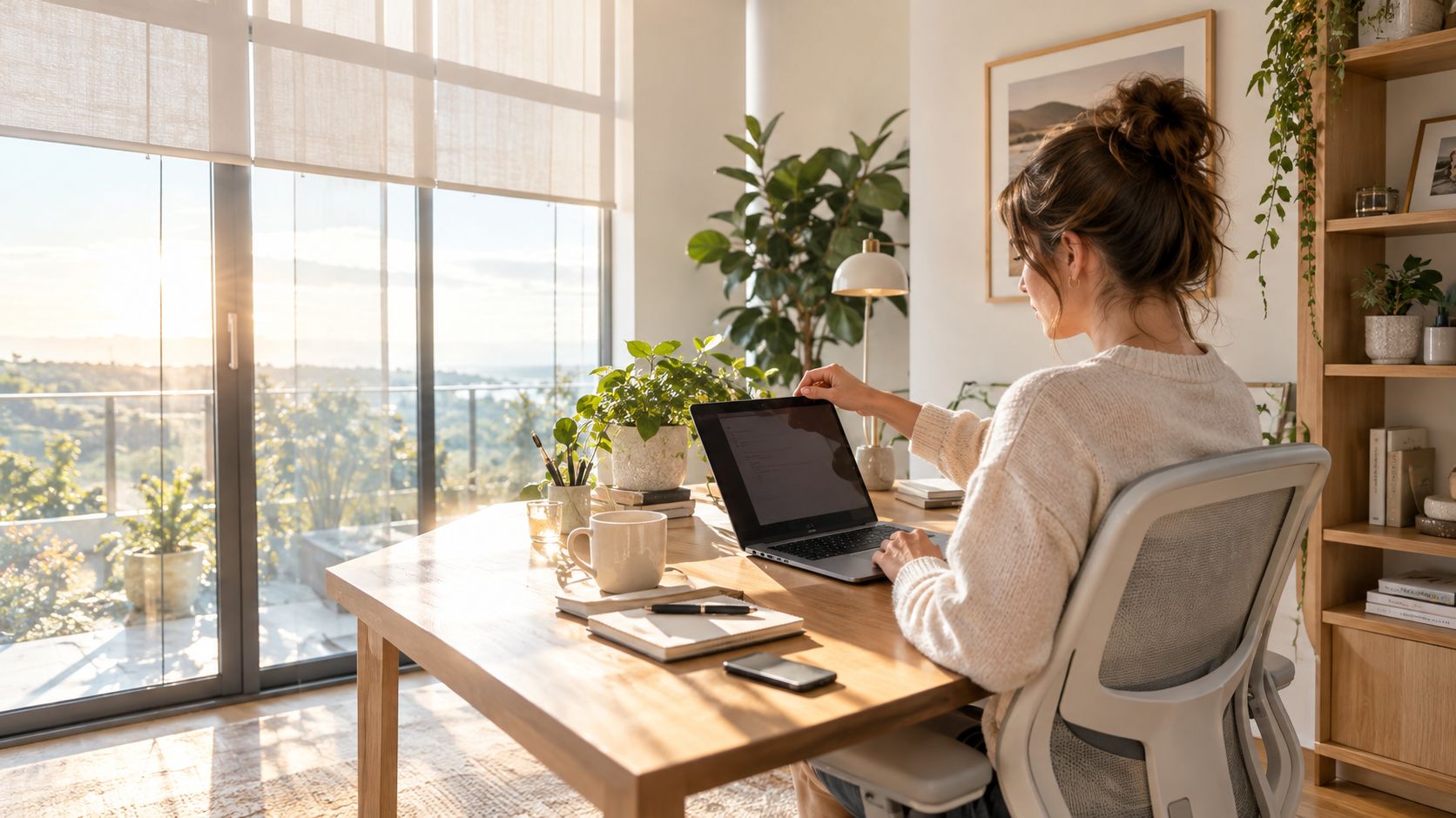 A young woman working on her laptop in a bright home office featuring glass wall doors.