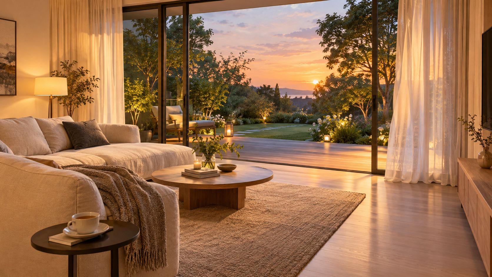 A cozy living room with floor-to-ceiling glass wall doors opening to a scenic sunset garden view.
