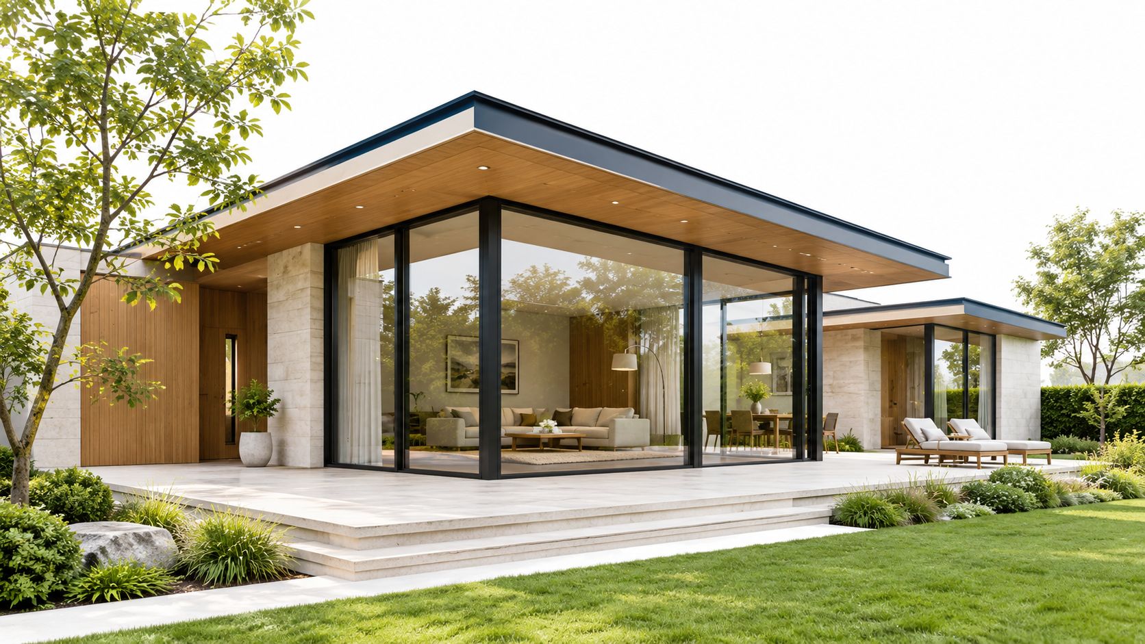 A modern luxury home with black framed glass windows, wooden ceiling, and a spacious outdoor patio area.