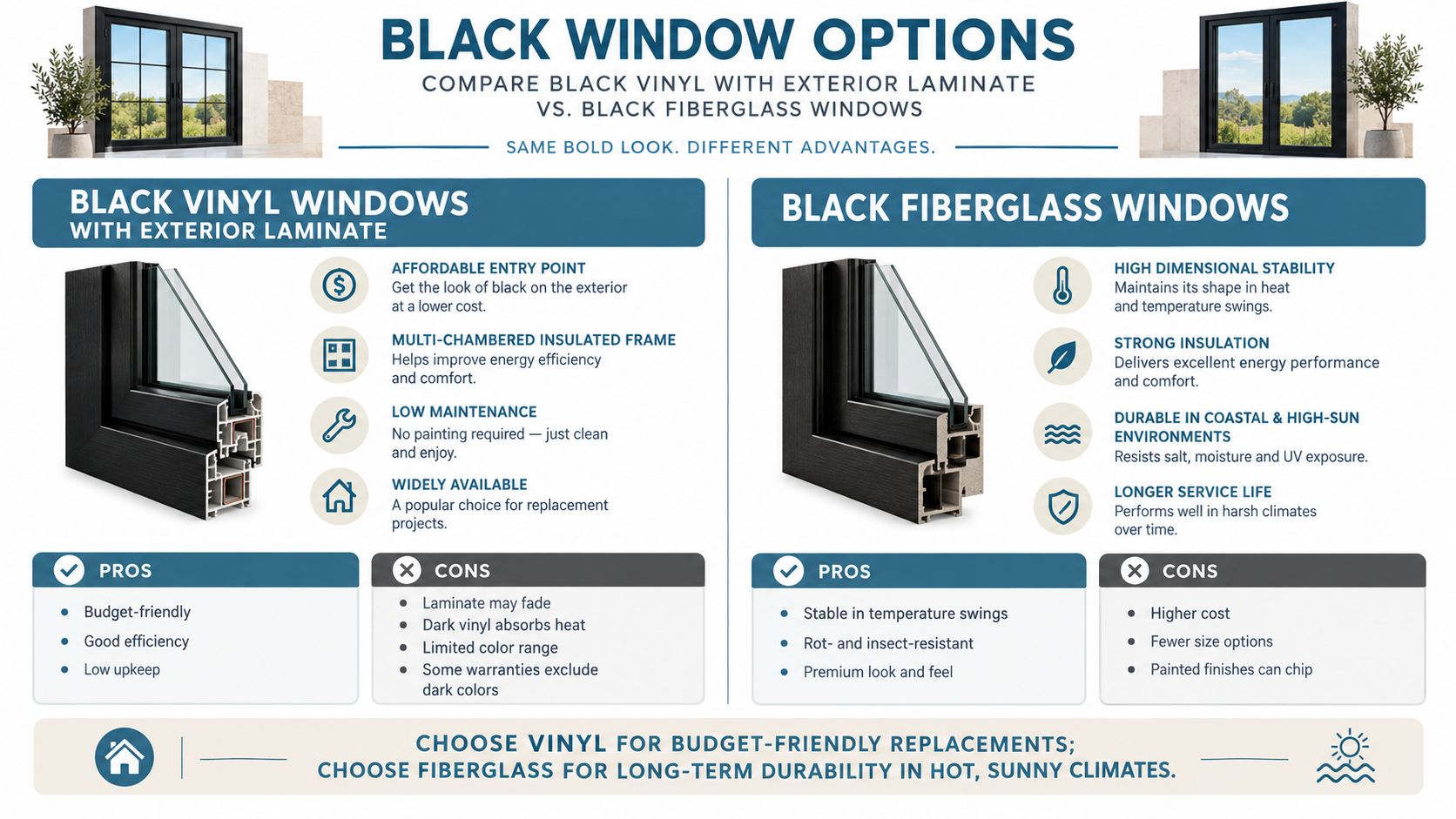 A comparison chart highlighting the benefits and drawbacks of black vinyl versus black fiberglass window frames.