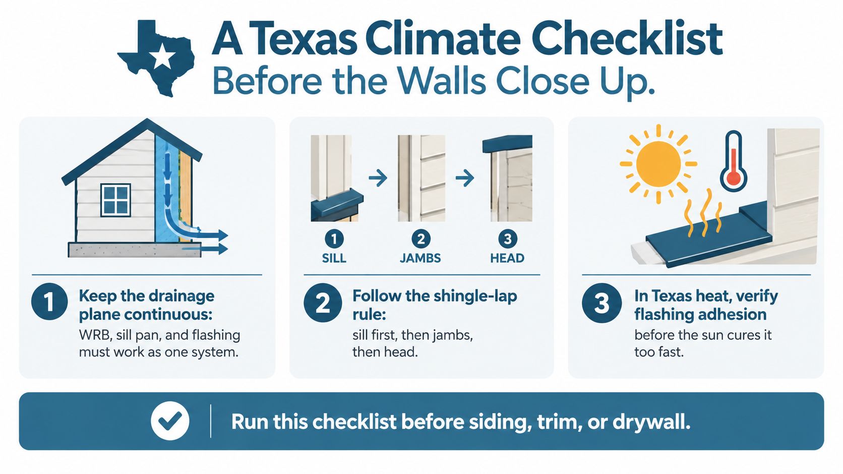A checklist diagram illustrating proper installation steps for window flashing and drainage in Texas construction projects.