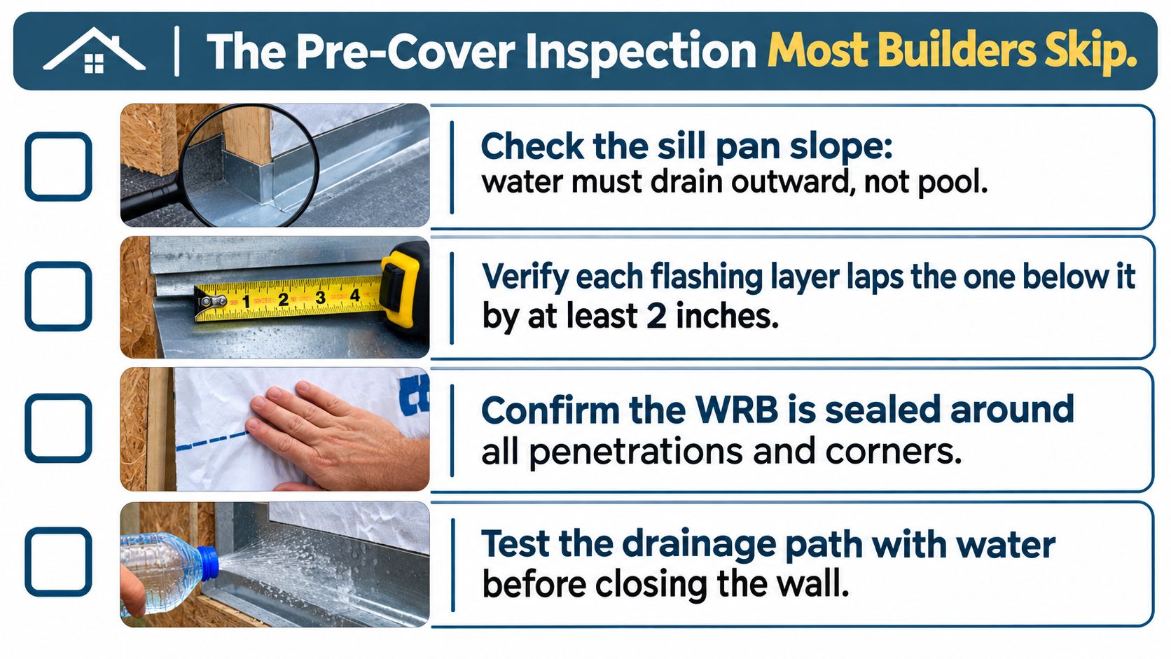 A checklist illustrating four critical pre-cover building inspection steps for proper window and wall flashing installation.