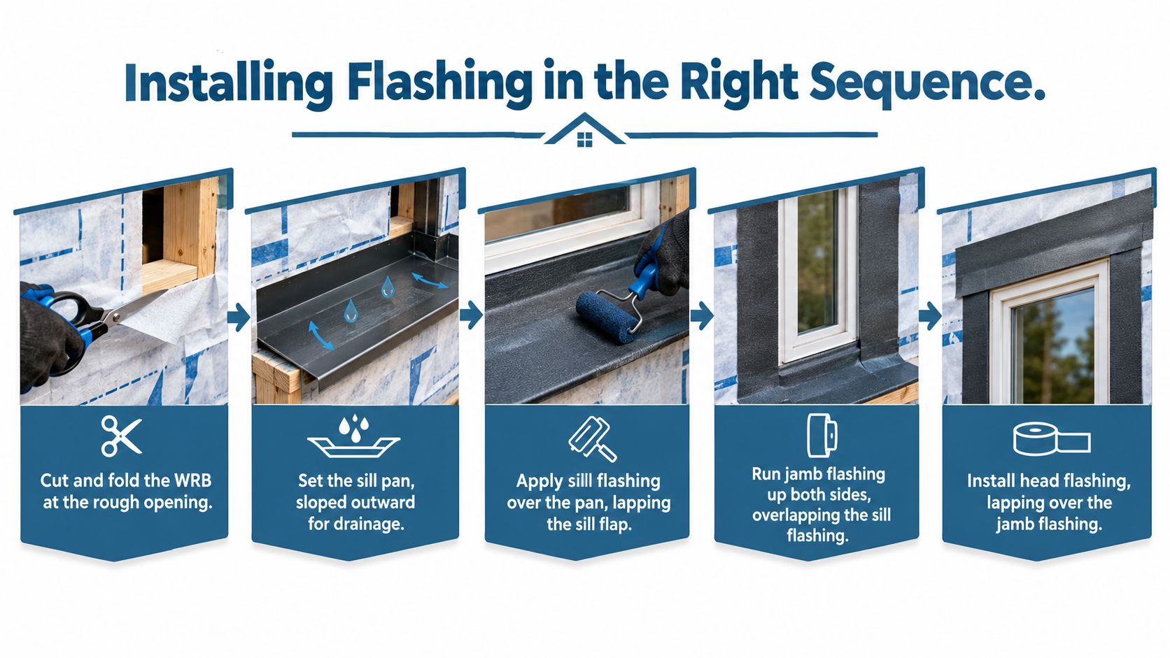 A step-by-step instructional graphic showing the correct sequence for installing flashing around a new construction window.