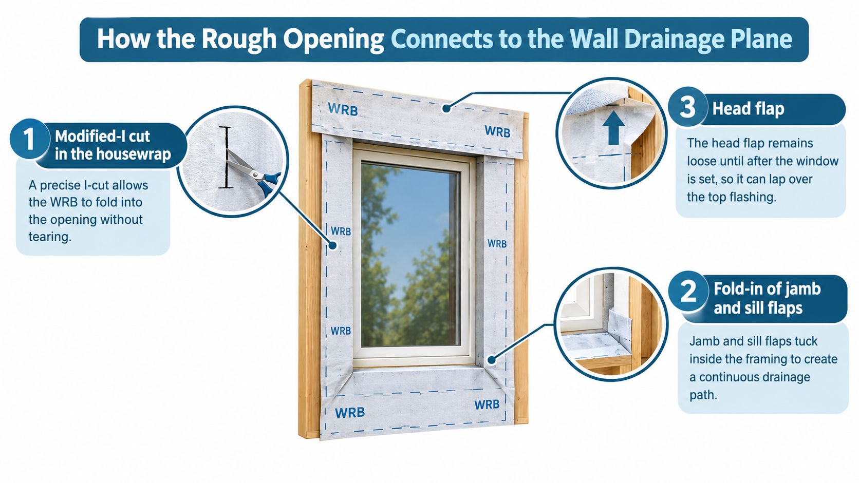 A diagram illustrating the steps for installing housewrap and flashing around a new construction window rough opening.