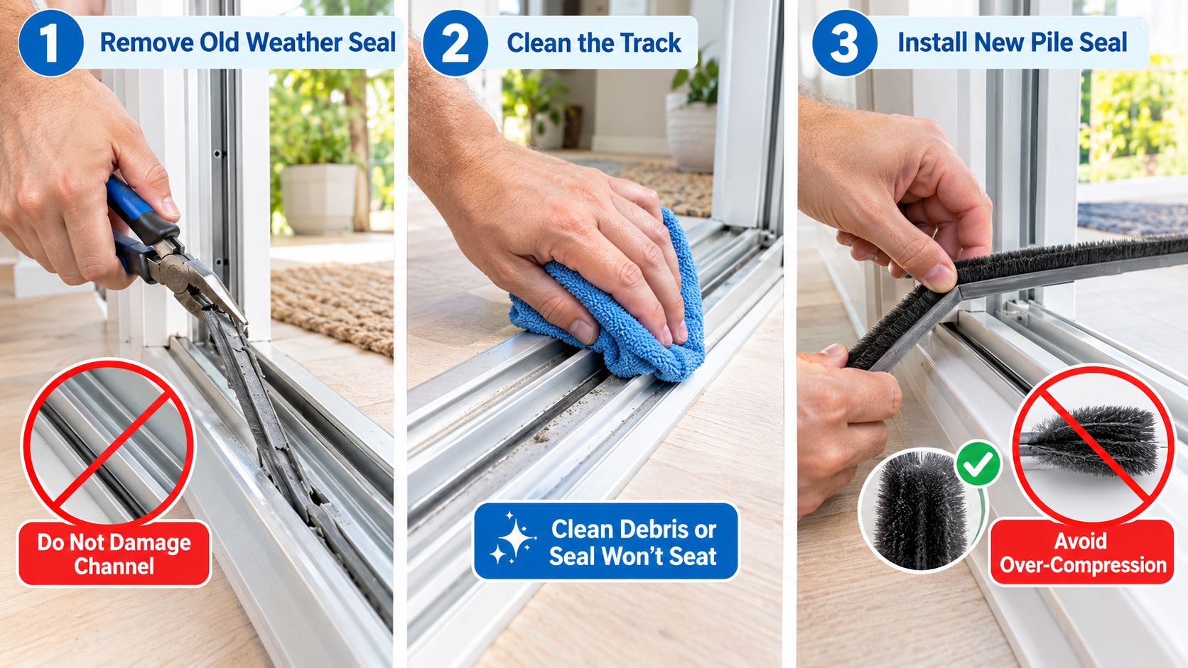 A three-step instructional guide on how to replace a sliding door weather seal properly.
